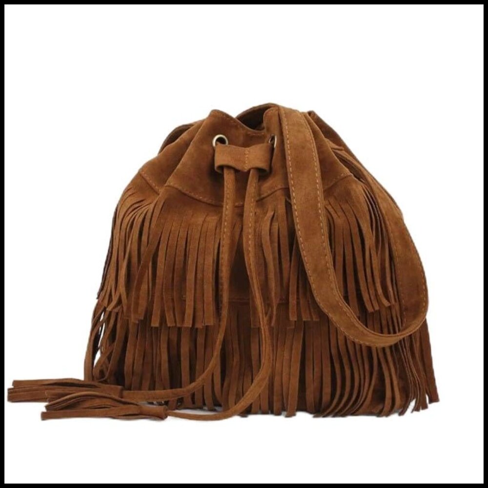 Fringe Hobo Shoulder Bag Boho Chic Retro Tassel Drawstring Bucket Purse